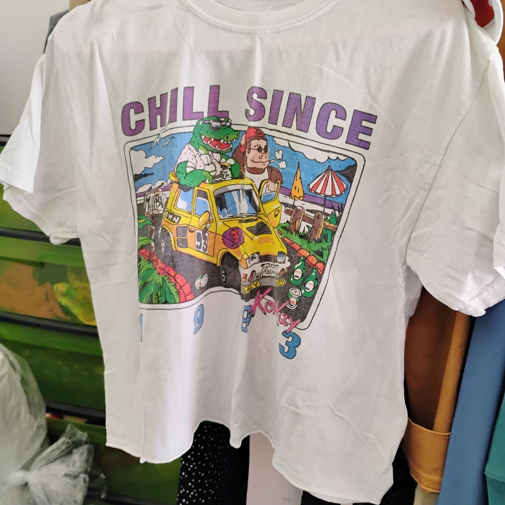 Brandy Melville White and Purple Crop Top with Playful Graphic